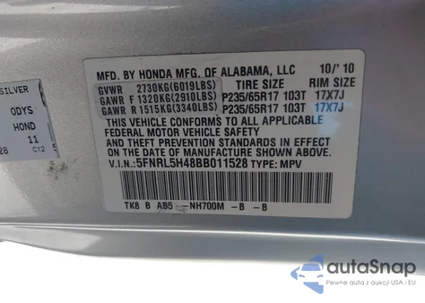 2011 Honda Odyssey Ex z USA, uszkodzony, nr VIN 5FNRL5H48BB011528